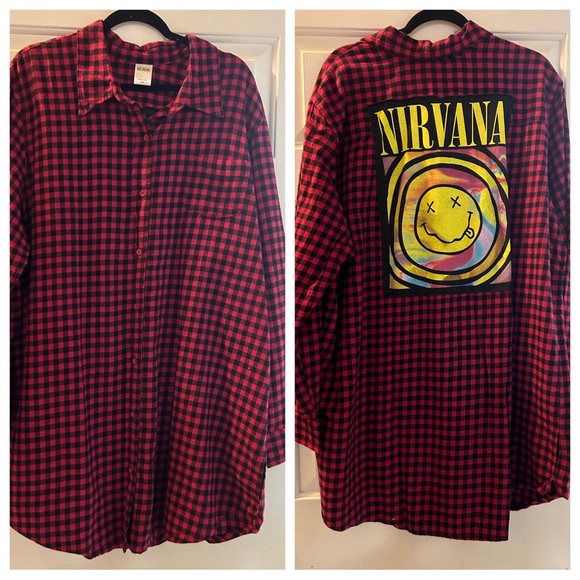 Tops - One of a kind upcycled Nirvana flannel size 2X